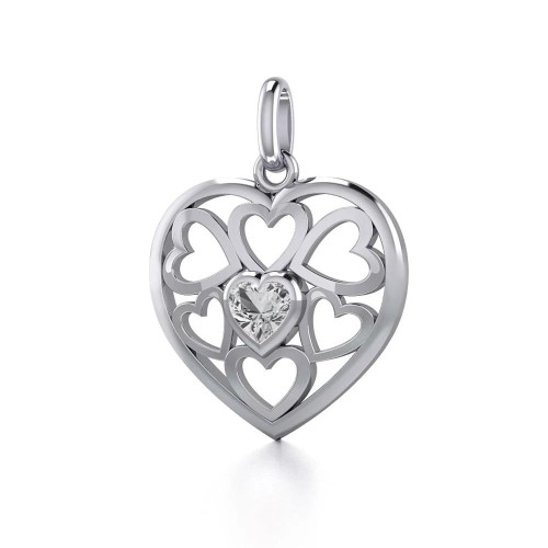 Hearts in Heart Silver Pendant with White Cubic Zirconia Gemstone