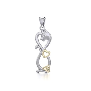 Infinity Cat with Heart and Celtic Trinity Knot Gold Accent Pendant