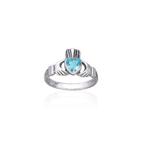 Irish Claddagh Ring with Blue Topaz Gemstone