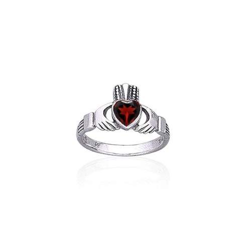 Irish Claddagh Ring with Garnet Gemstone