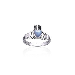 Irish Claddagh Ring with Rainbow Moonstone Gemstone