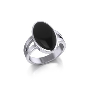 Large Oval Inlaid Black Onyx Stone Ring 