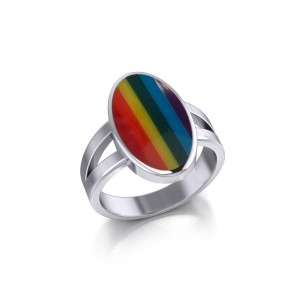 Large Oval Inlaid Rainbow Stone Ring 