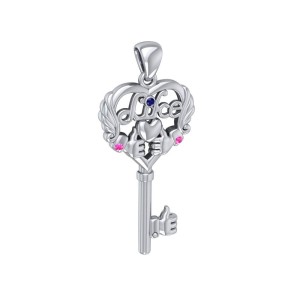 Like Icon Heart Key Pendant with Blue and Pink Sapphires