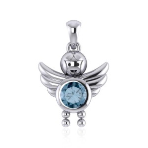 Little Angel Boy Aquamarine Birthstone Pendant