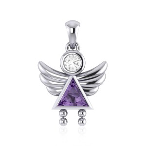 Little Angel Girl Silver Pendant with Amethyst Birthstone