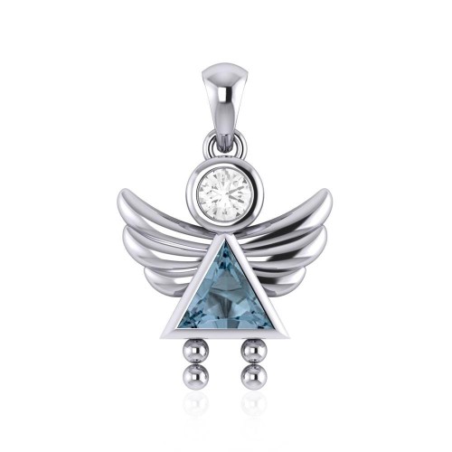 Little Angel Girl Silver Pendant with Aquamarine Birthstone
