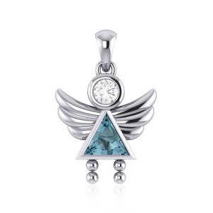Little Angel Girl Silver Pendant with Blue Topaz Birthstone