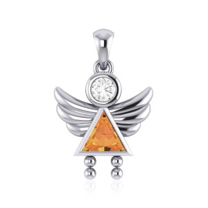 Little Angel Girl Silver Pendant with Citrine Birthstone