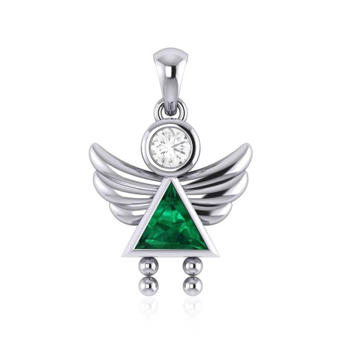 Little Angel Girl Silver Pendant with Emerald Birthstone