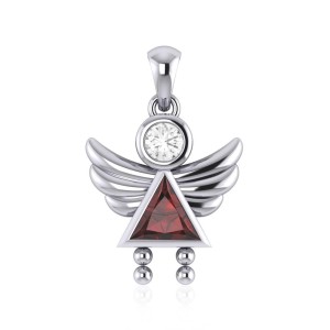 Little Angel Girl Silver Pendant with Garnet Birthstone