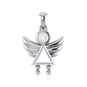 Little Angel Girl Silver Pendant with Mother of Pearl Birthstone