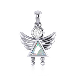 Little Angel Girl Silver Pendant with Opal Birthstone