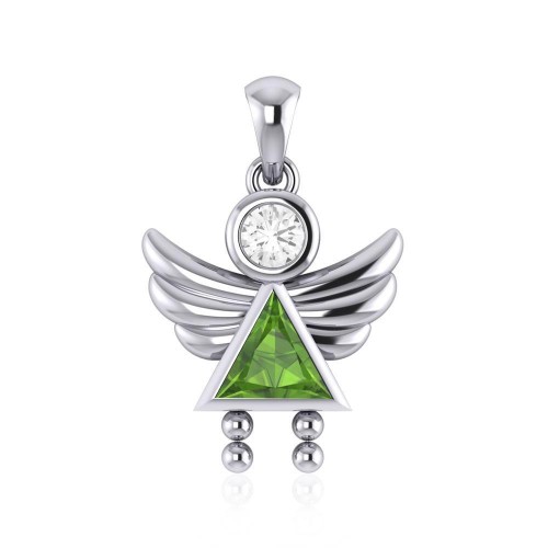 Little Angel Girl Silver Pendant with Peridot Birthstone