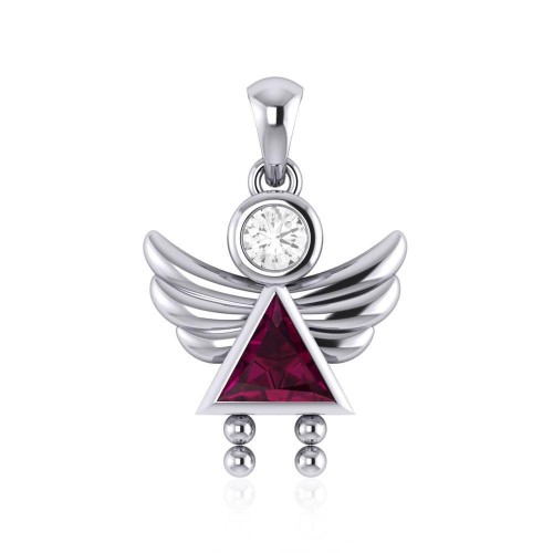 Little Angel Girl Silver Pendant with Ruby Birthstone