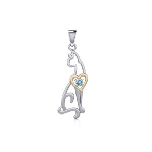 Lovely Heart Cat Pendant with Blue Topaz