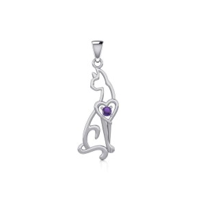 Lovely Heart Cat Silver Pendant with Amethyst