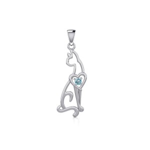 Lovely Heart Cat Silver Pendant with Blue Topaz