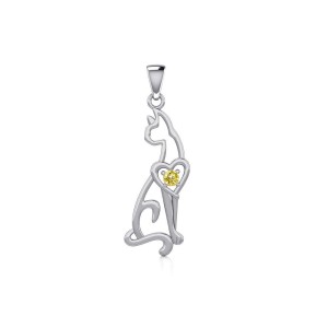 Lovely Heart Cat Silver Pendant with Citrine