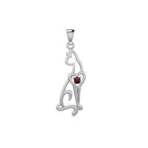 Lovely Heart Cat Silver Pendant with Garnet