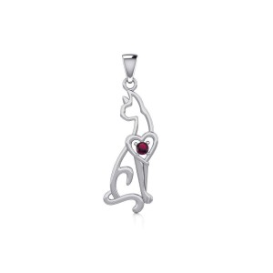 Lovely Heart Cat Silver Pendant with Ruby