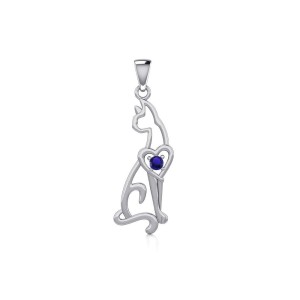 Lovely Heart Cat Silver Pendant with Sapphire