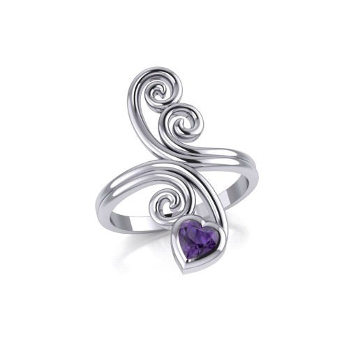 Modern Abstract Ring with Heart Amethyst Gemstone