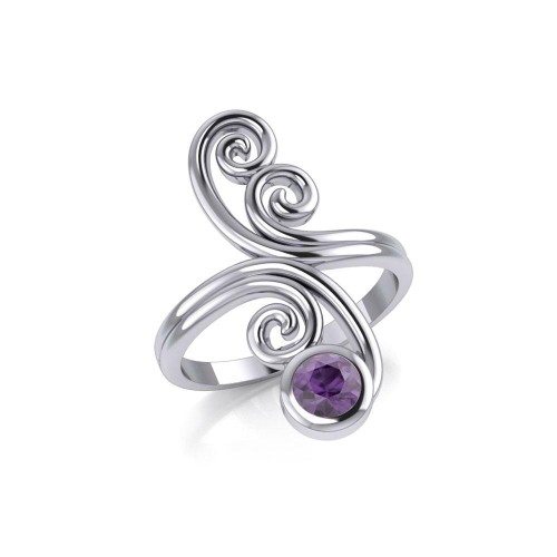 Modern Abstract Ring with Round Amethyst Gemstone