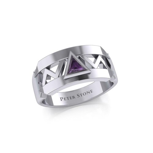 Modern Band Ring with Inlaid Amethyst Recovery Symbol