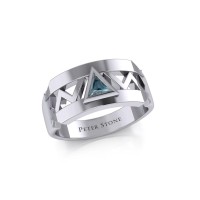 Modern Band Ring with Inlaid Blue Topaz Recovery Symbol