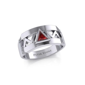 Modern Band Ring with Inlaid Garnet Recovery Symbol