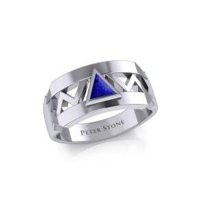 Modern Band Ring with Inlaid Lapis Recovery Symbol