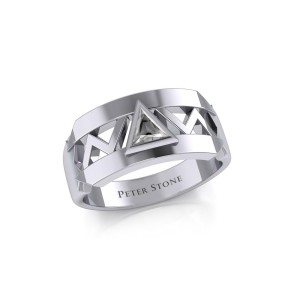 Modern Band Ring with Inlaid White Cubic Zirconia Recovery Symbol