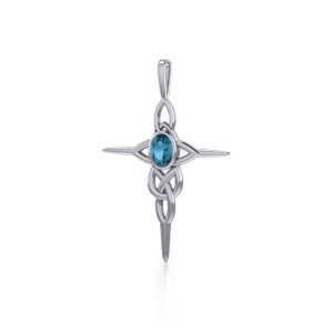 Modern Celtic Knotwork Cross Silver & Blue Topaz Pendant