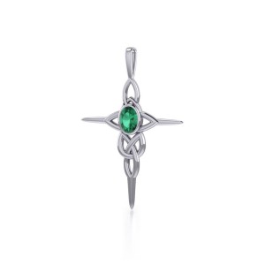 Modern Celtic Knotwork Cross Silver & Emerald Pendant