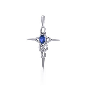 Modern Celtic Knotwork Cross Silver & Sapphire Pendant
