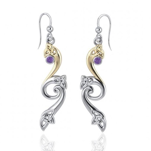 Modern Celtic Triquetra Gold Accent Amethyst Dangle Earrings