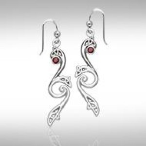 Modern Celtic Triquetra Garnet Dangle Earrings