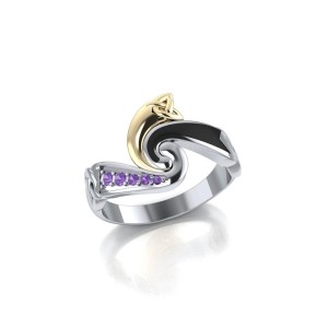 Modern Celtic Triquetra Silver and Gold Amethyst Ring