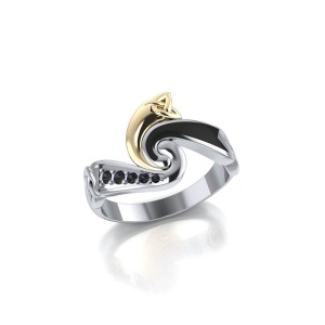Modern Celtic Triquetra Silver and Gold Black Spinel Ring