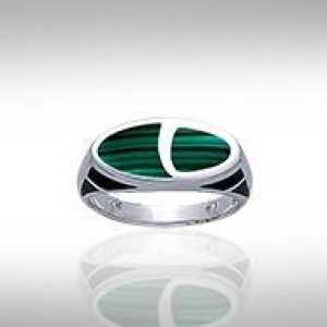 Modern Oval Shape Inlaid Malachite Ring with Side Motif