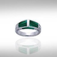 Modern Rectangle Inlaid Malachite Ring with Side Motif