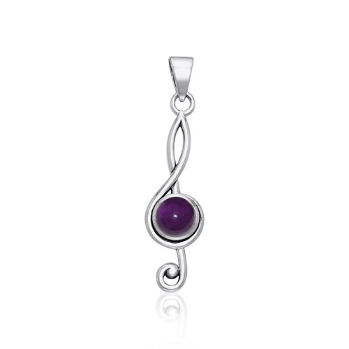 Music Clef Amethyst Cabochon Gem Pendant