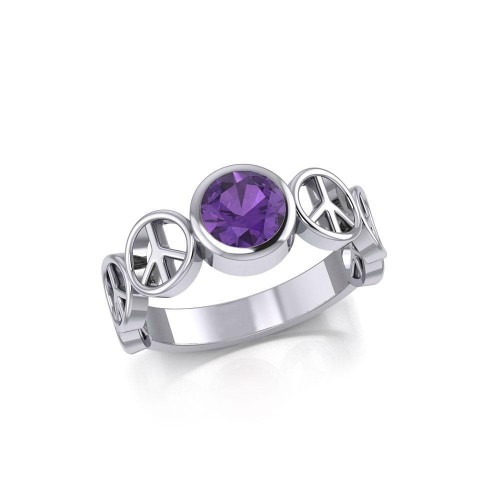 Peace Sign Band Ring with Amethyst