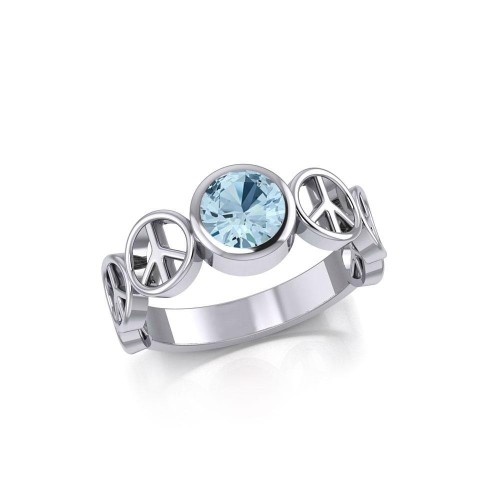 Peace Sign Band Ring with Blue Topaz