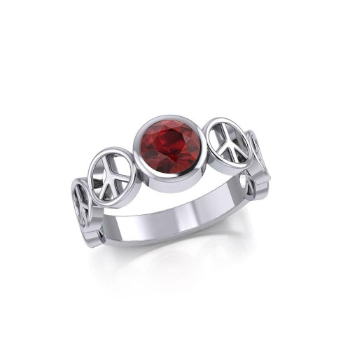 Peace Sign Band Ring with Garnet