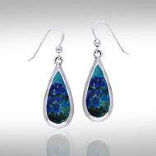 Pear Cabochon Azurite Gem Silver Earrings