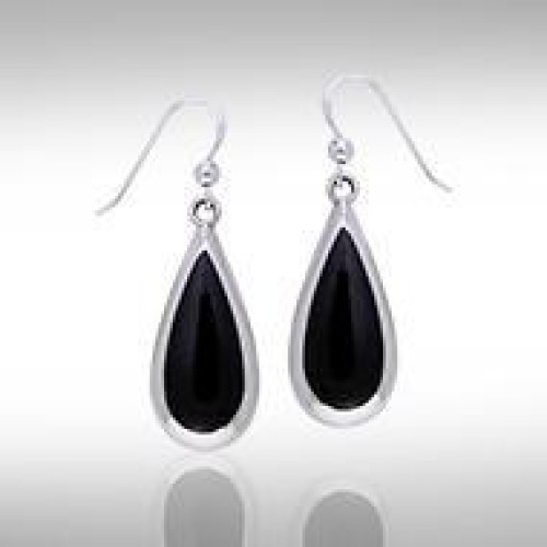Pear Cabochon Black Onyx Gem Silver Earrings