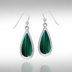 Pear Cabochon Malachite Gem Silver Earrings