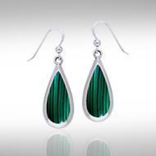 Pear Cabochon Malachite Gem Silver Earrings